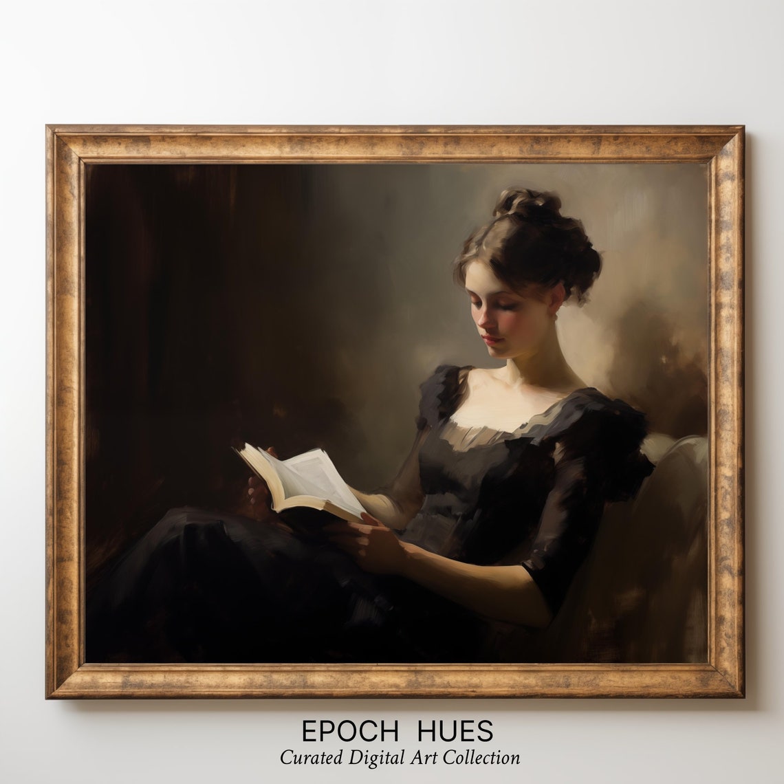 Elegant Woman Reading Book in Warm Interior Vintage Style Poster