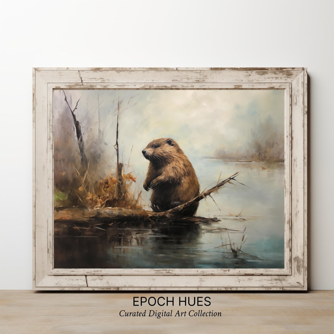 Beaver Sitting on Log by Calm Lake Misty Wildlife Painting Poster