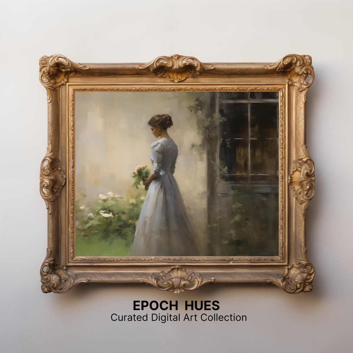 Woman With Bouquet By Window Antique Blue Dress Portrait Painting Print - Image 2