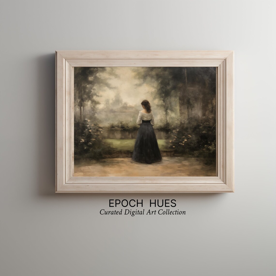 Woman At Misty Garden Pond Dark Skirt Romantic Painting Wall Art - Image 3
