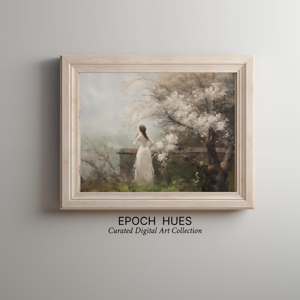 Woman In White Dress Under Blossoming Tree Misty Romantic Wall Art - Image 3