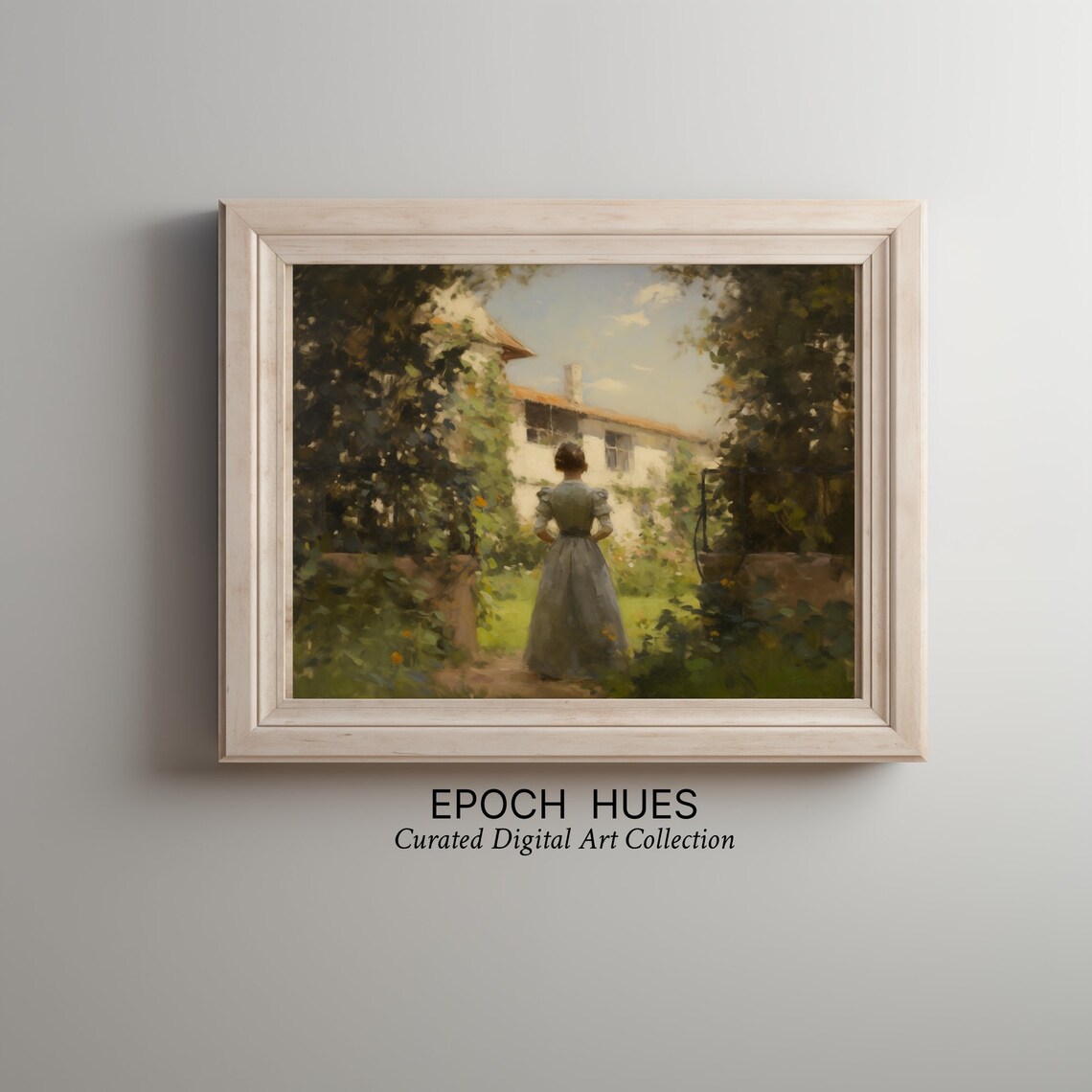 Woman In Gray Dress Walking In Garden Toward Villa Vintage Painting Poster - Image 2