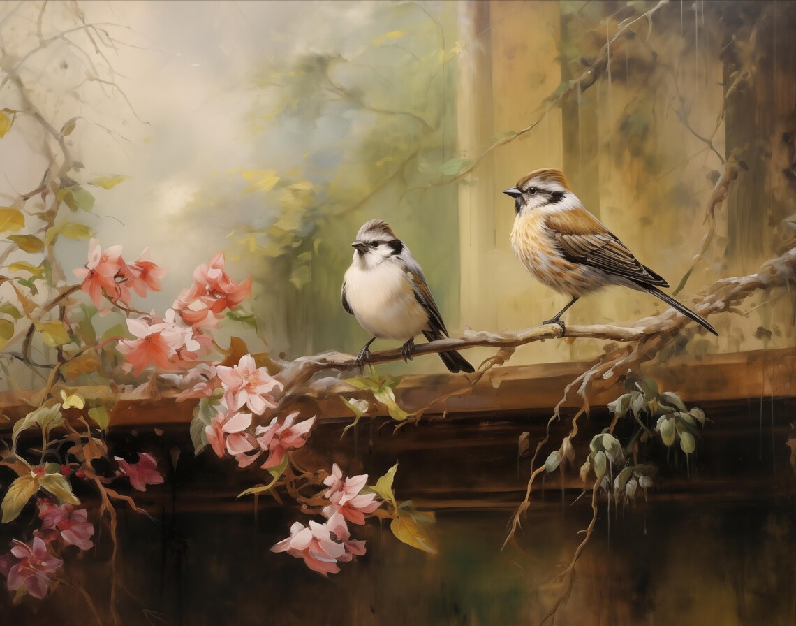 Two Songbirds On Blossoming Branch Pink Blossoms Nature Painting Poster - Image 2
