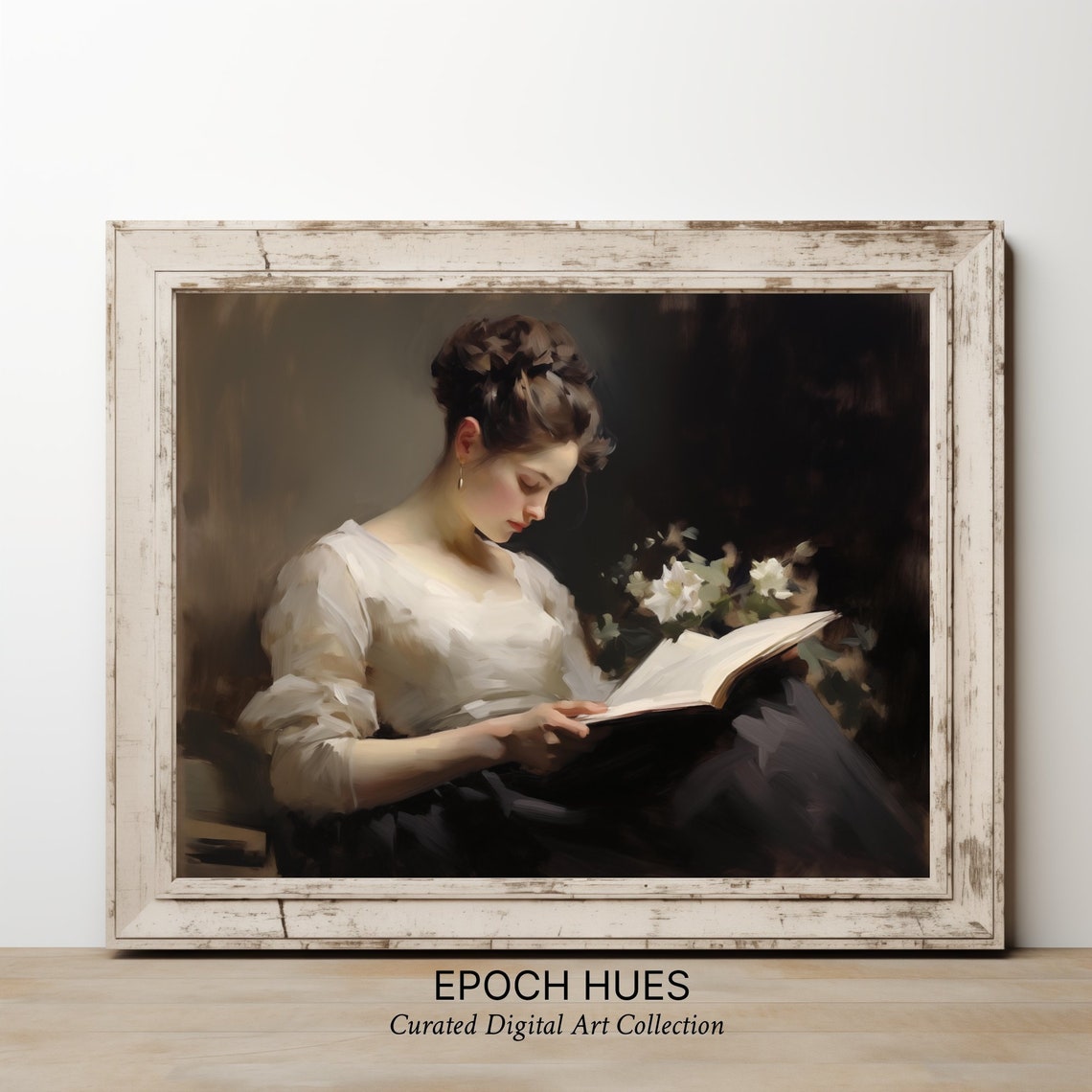 Woman Reading a Book Classical Oil Portrait Dark Room Poster - Image 2