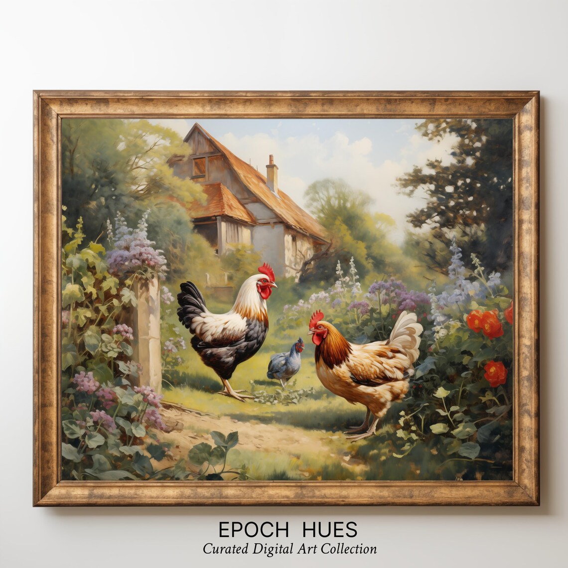 Roosters in Farmhouse Garden Hollyhocks Poppies Country Poster - Image 3
