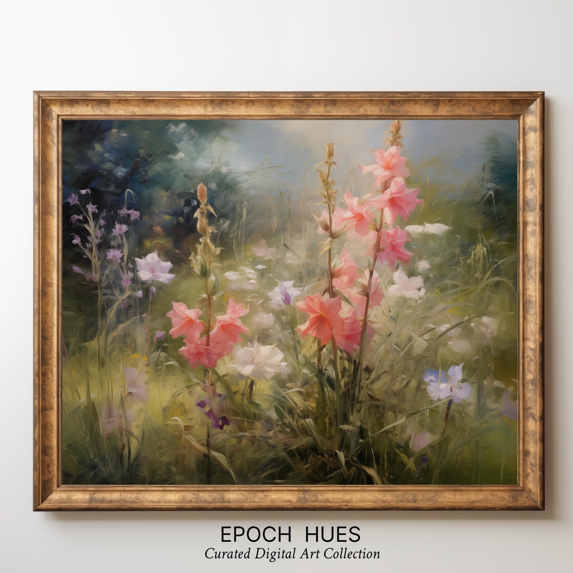 Pink Gladiolas in Sunlit Wildflower Meadow Impressionist Poster