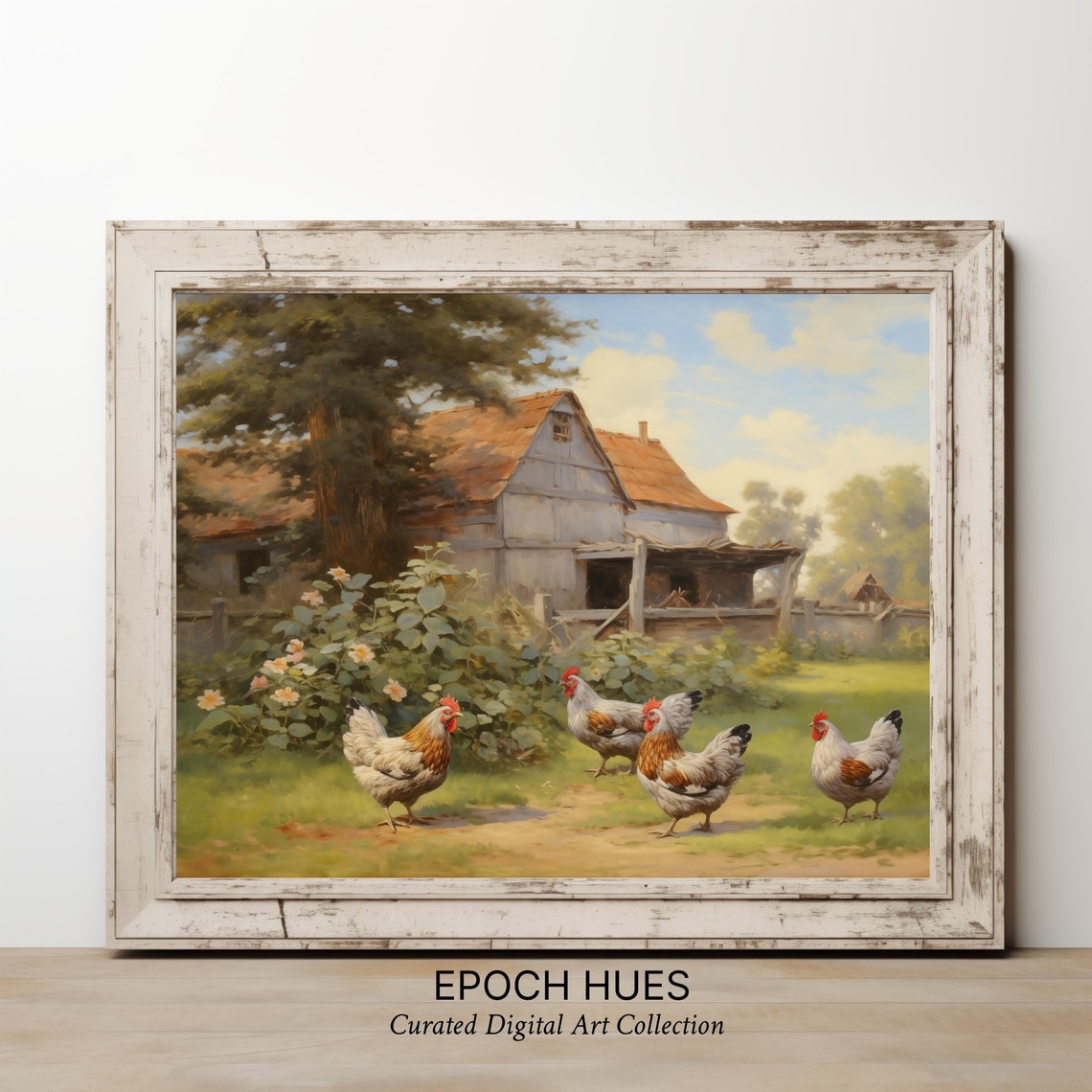 Four Chickens In A Sunny Farmyard Rustic Barn Scene Art Print - Image 2
