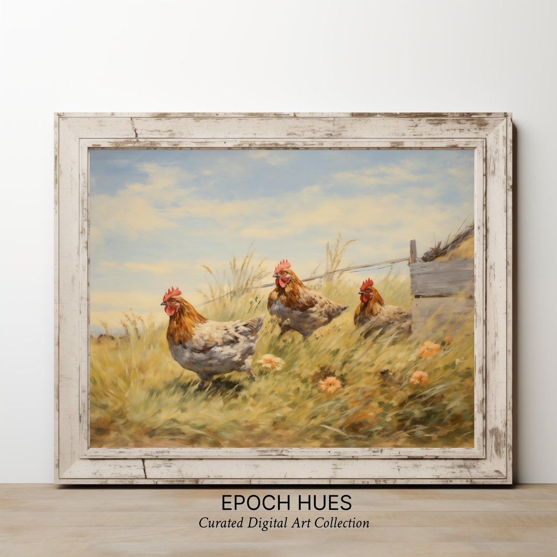 Three Hens Running through Golden Wheat Field Country Poster