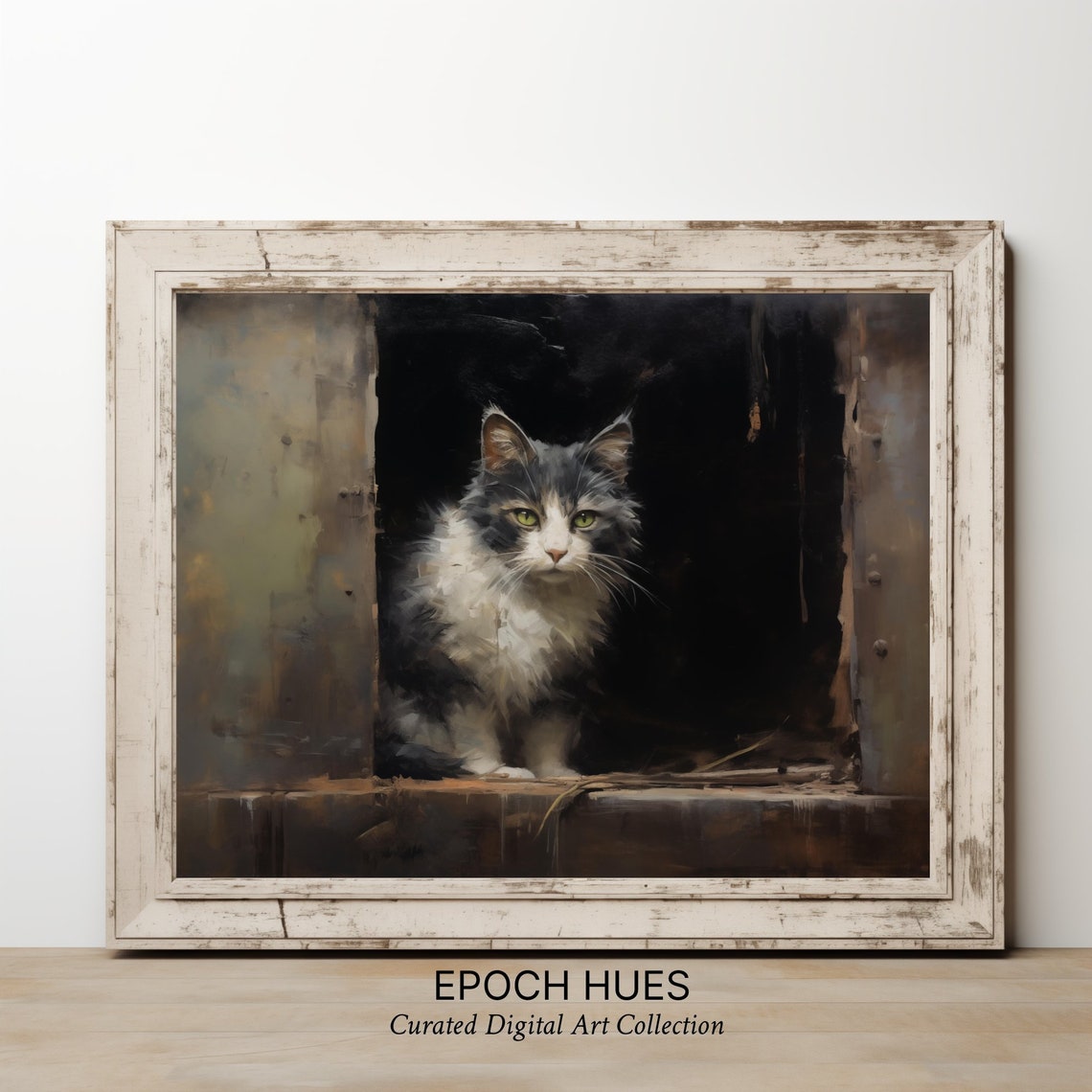 Fluffy Long Haired Cat Portrait in Rustic Dark Doorway Poster - Image 2