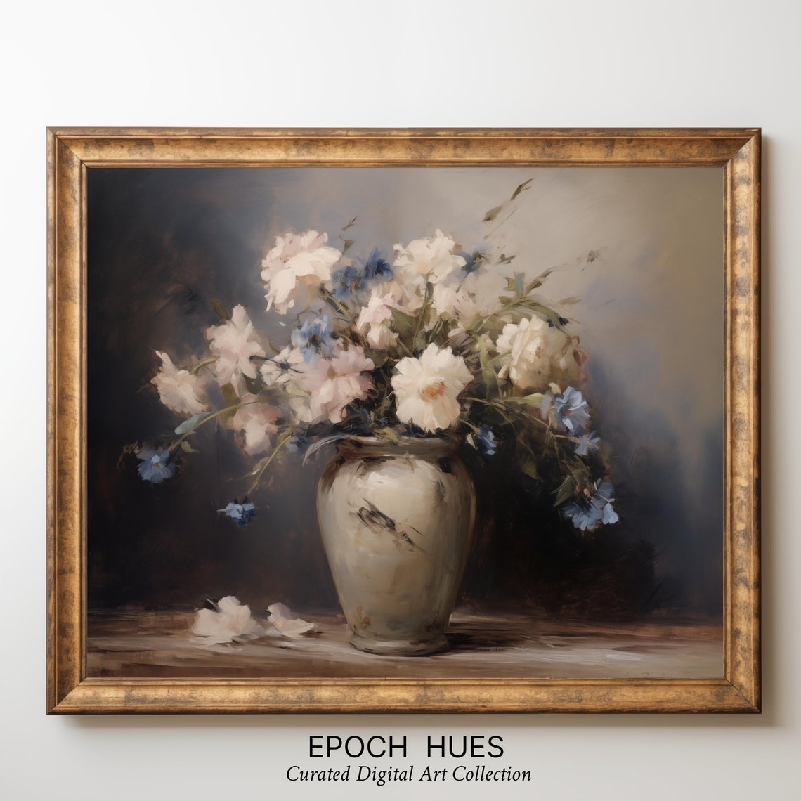 White And Blue Wildflowers Ceramic Vase Still Life Painting Poster