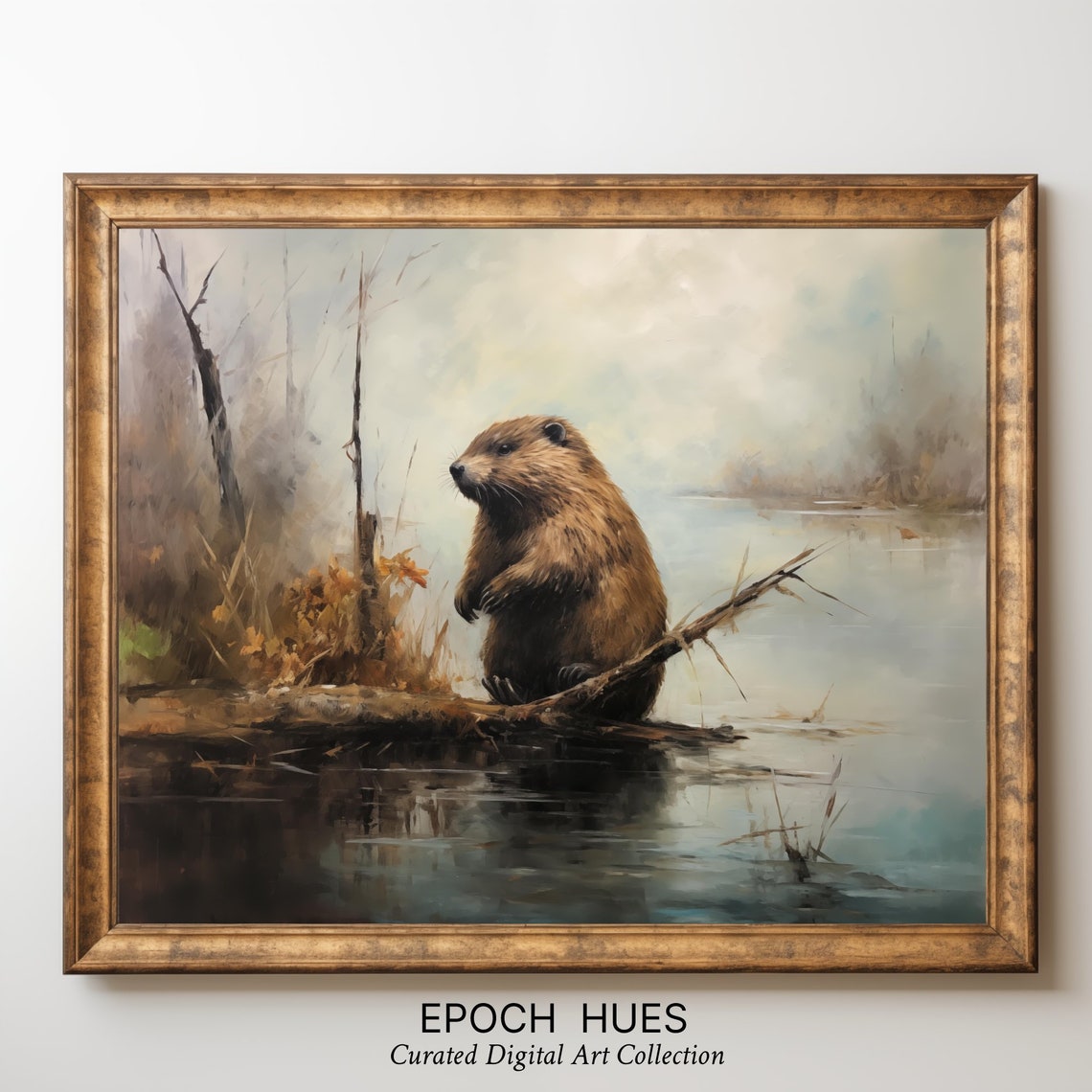 Beaver Sitting on Log by Calm Lake Misty Wildlife Painting Poster - Image 3