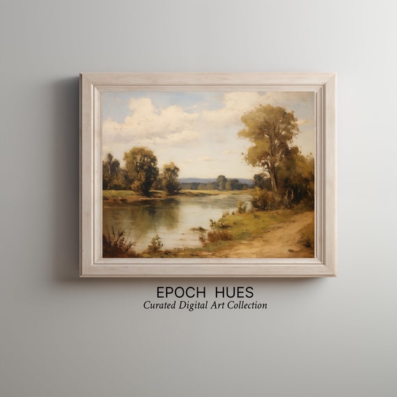 Vintage Landscape Painting, Classic River Scene