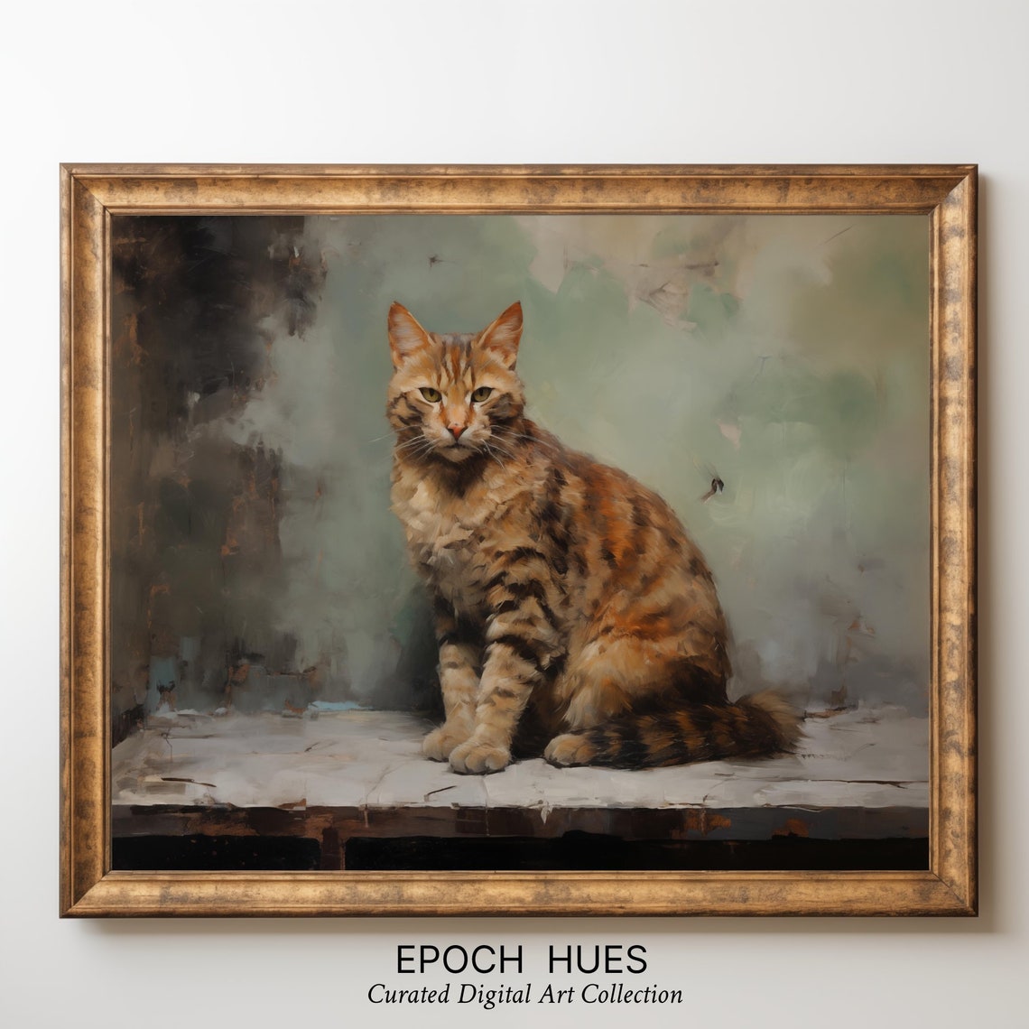 Ginger Tabby Cat Sitting on Table Warm Vintage Pet Portrait Poster - Image 3