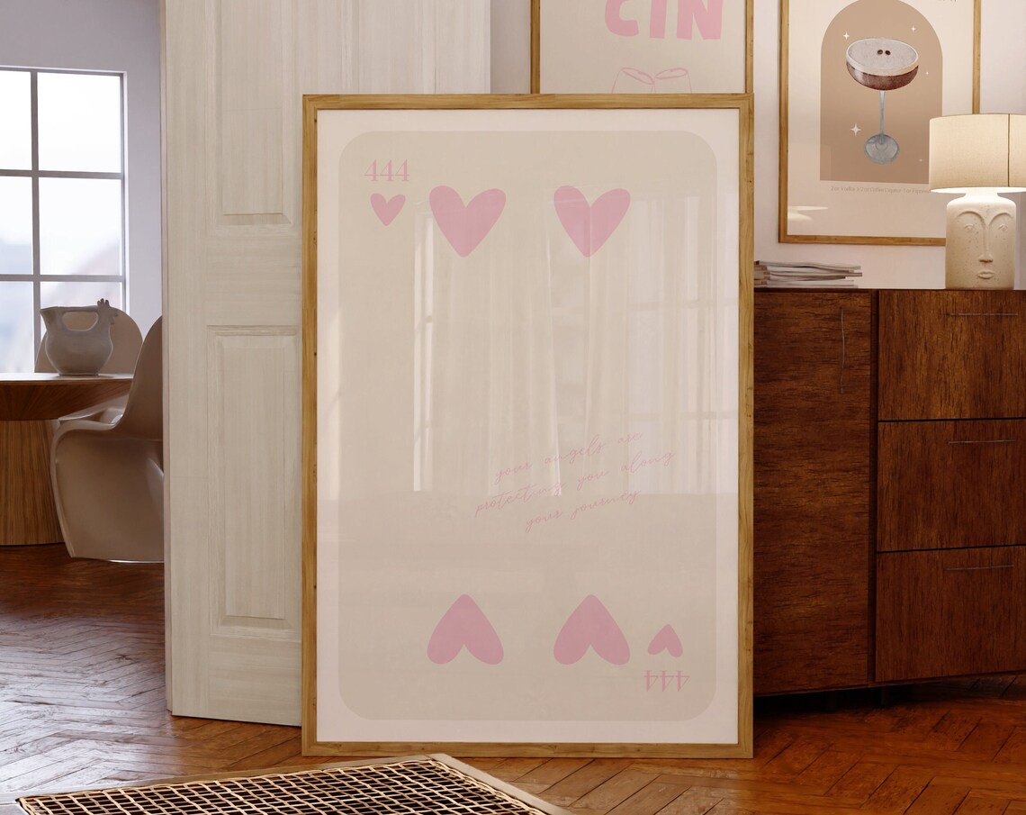 Angel Number 444 Poster, Pink Playing Card Print
