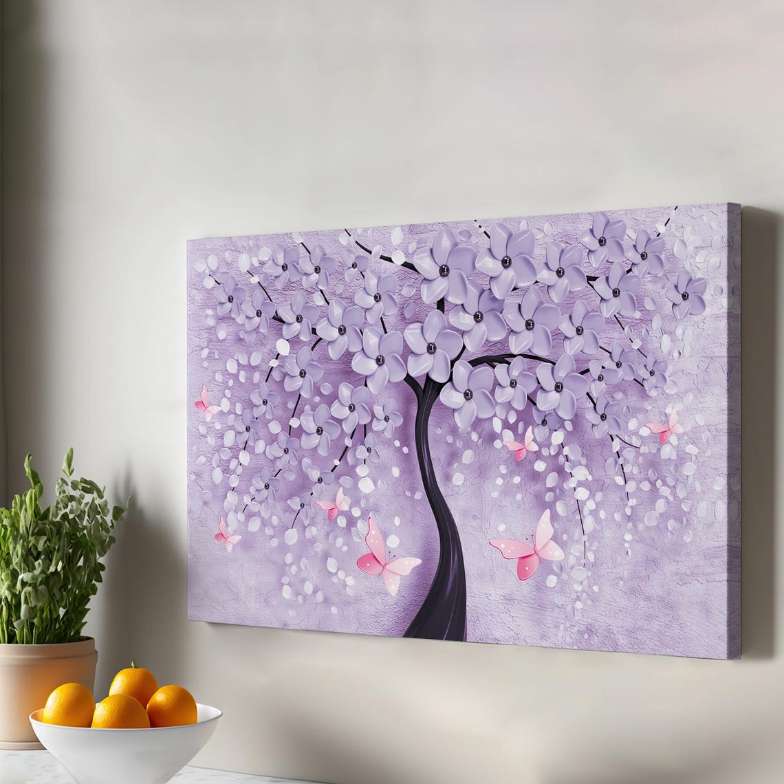 Lavender Blossom Tree With Pink Butterflies Floral Canvas Print