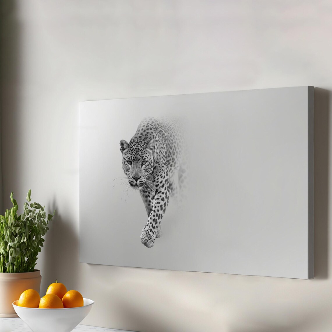 Minimalist Black And White Leopard Walking Canvas Style Wildlife Poster