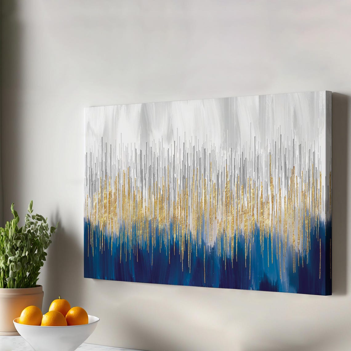 Blue And Gold Abstract Drip Painting Modern Decorative Canvas Print