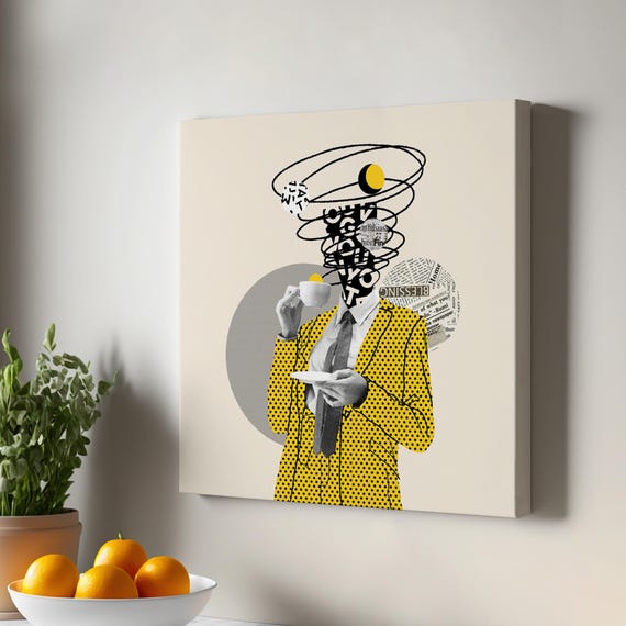 Coffee Drinking Comic Book Hero Pop Art Print Framed Canvas Wall Large Surreal Modern Decor