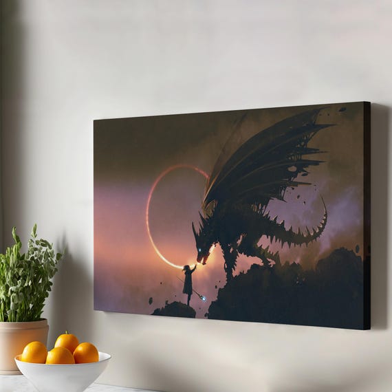 Wizard Scene With A Hand Reaching For Dragon Decorative Art Surreal Canvas Wall Framed Print