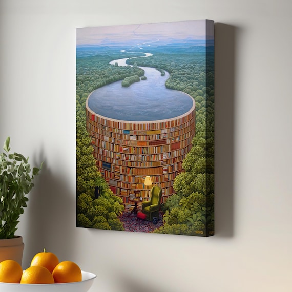 Surreal Library Tower River Flowing Over Books Dreamlike Art Poster