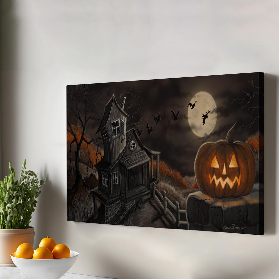 Haunted House Jack O Lantern Moonlit Bats Spooky Halloween Poster