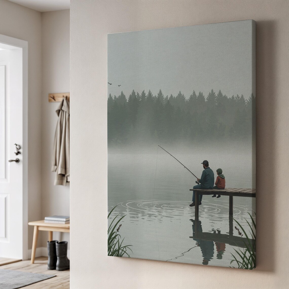 Father and Child Fishing Canvas Misty Lake Dock Family Memory Wall Poster