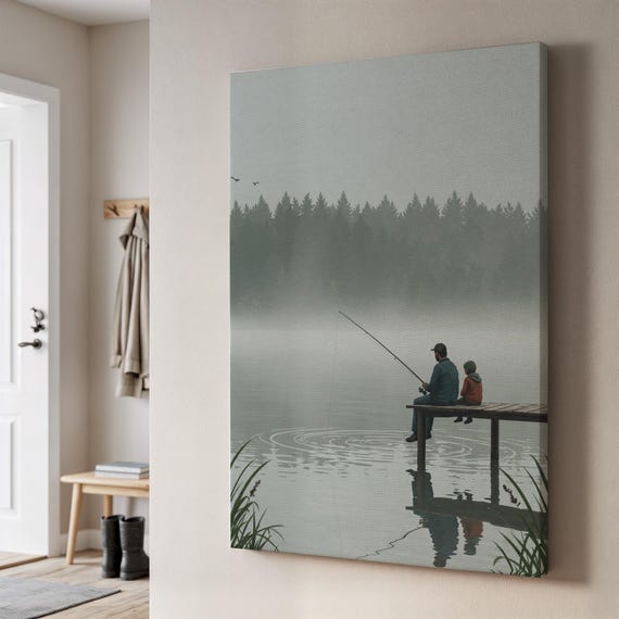 Father And Child Fishing Canvas Art Misty Lake Family Print Rustic Nature Wall Decor Sentimental Fathers Day Gift For Cozy Homes