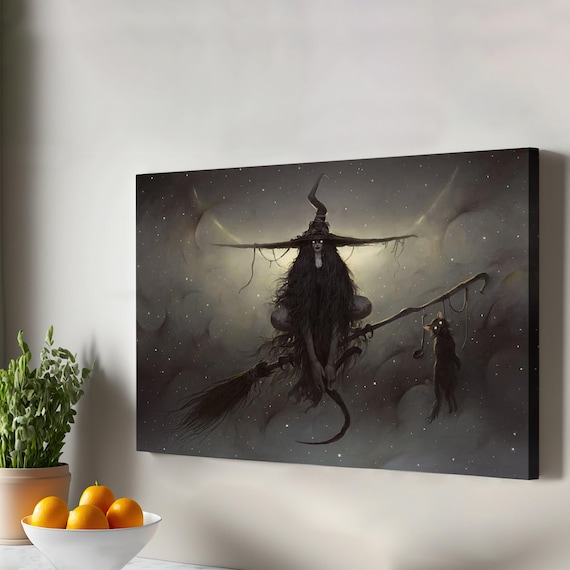 Witch On A Broom Art Witches Halloween Housewarming Gifts Framed Canvas Wall Large