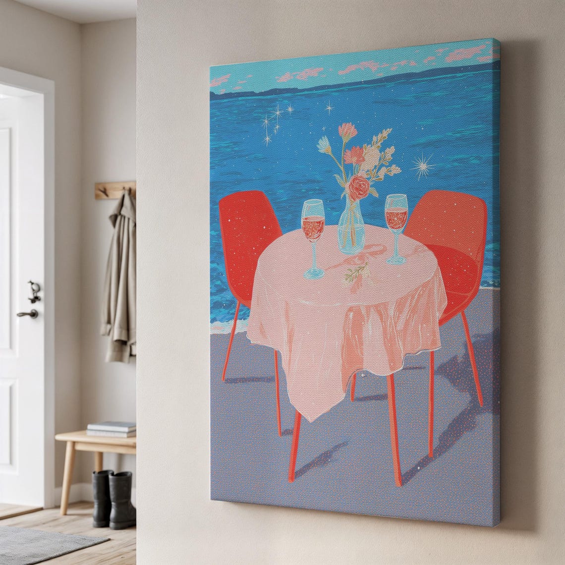 Romantic Seaside Dinner Table Red Chairs Wine Glasses Ocean Poster