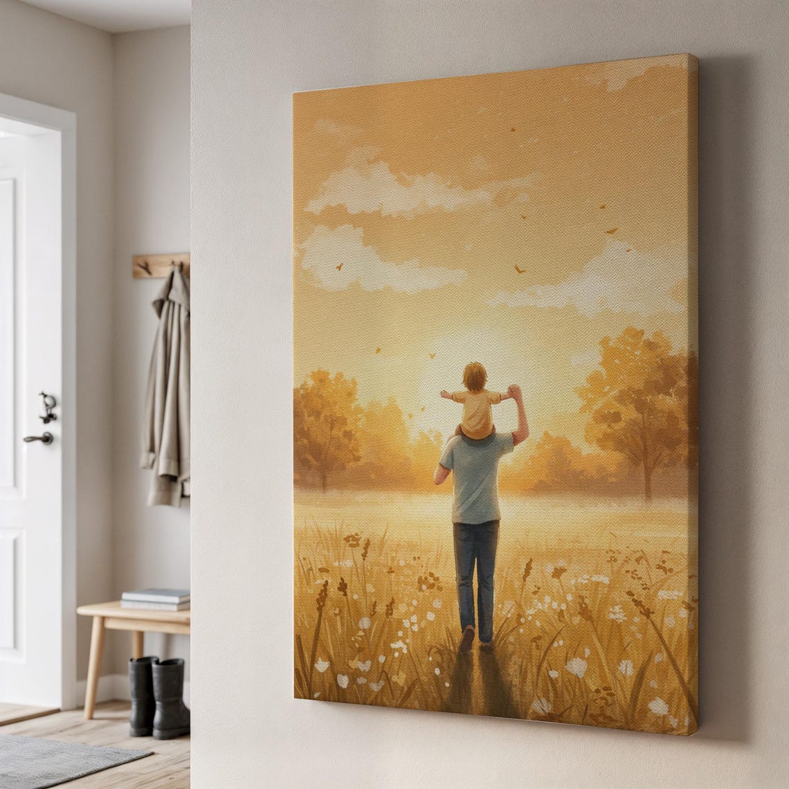 Father Carrying Child Golden Sunset Field Canvas Family Wall Art