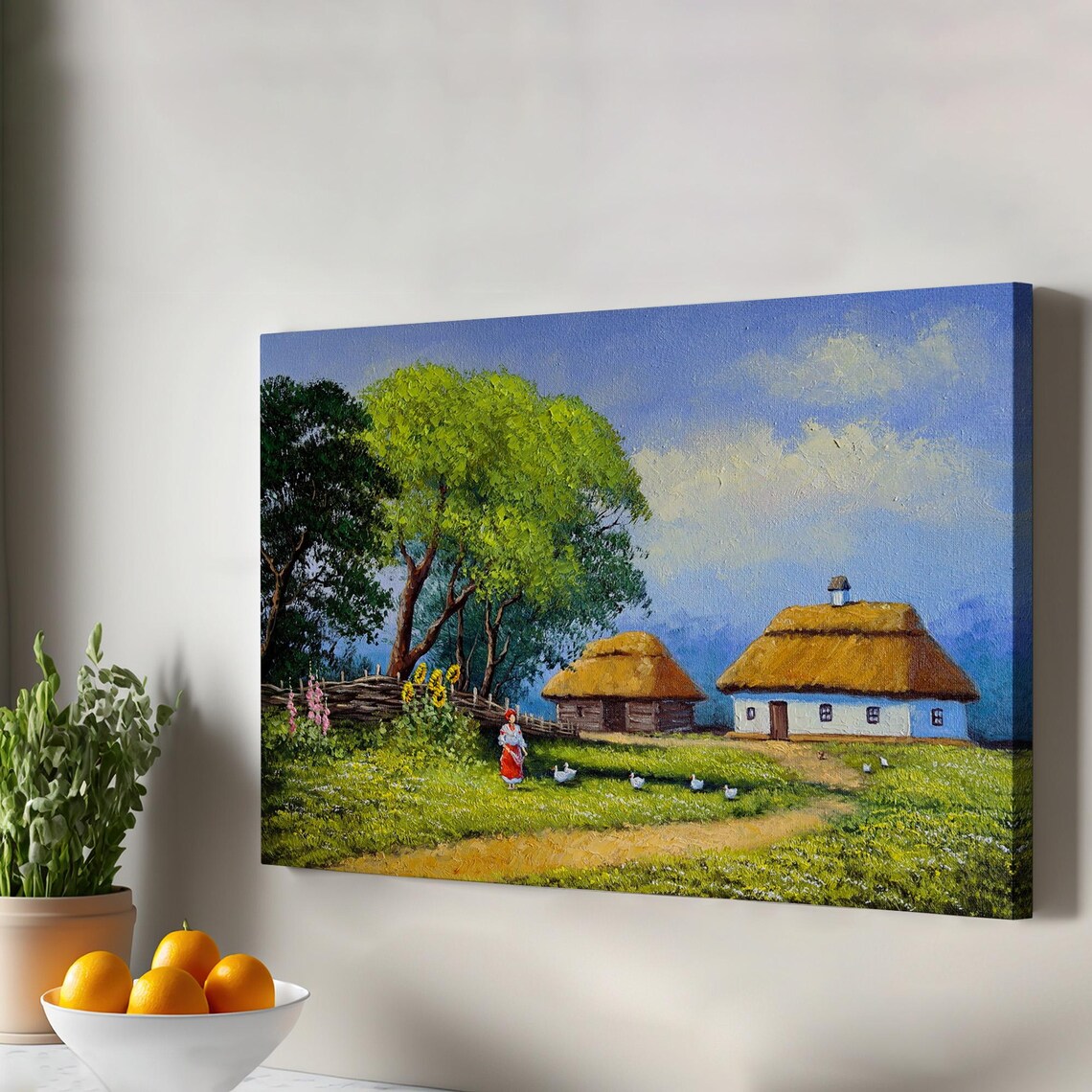 Ukrainian Village Summer Landscape Thatched Cottages Oil Style Poster