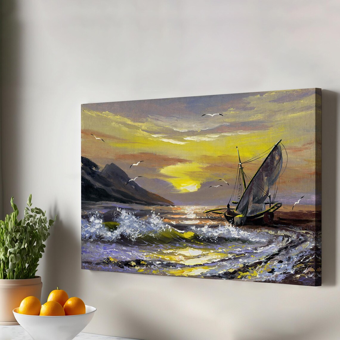 Golden Sunset Sailboat Ocean Waves Oil Painting Coastal Decor Poster
