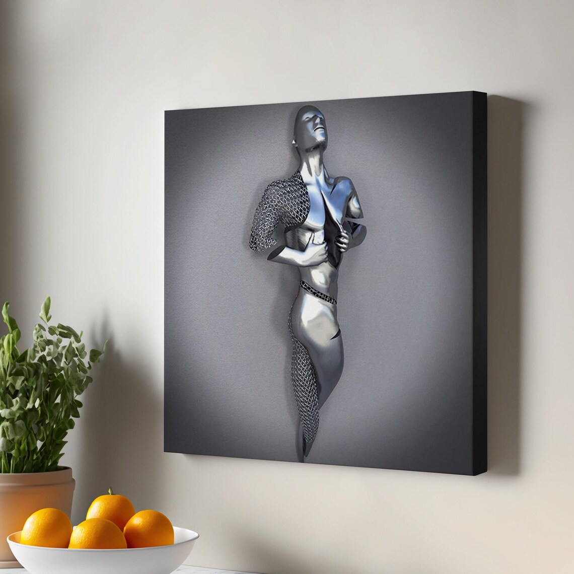 Chrome Female Torso Standing Sculpture 3D Metallic Abstract Art Poster