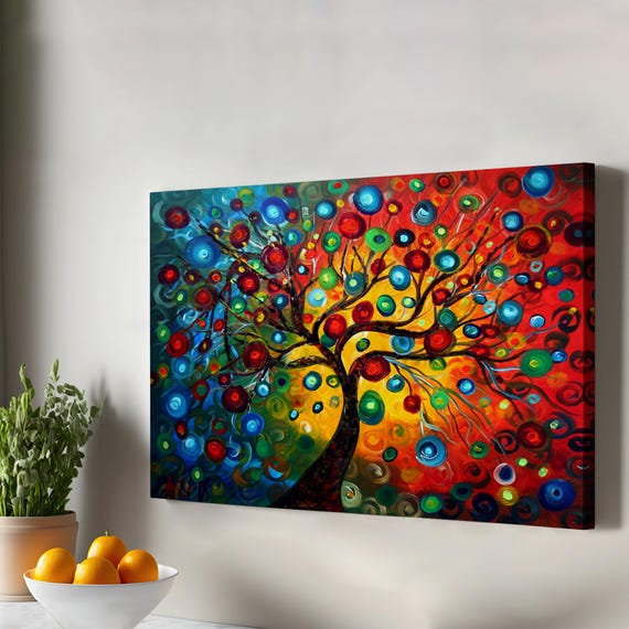 Surreal Symphony Of Colors On The Tree Art Large Wall Abstract Modern Decor Canvas Housewarming Gifts