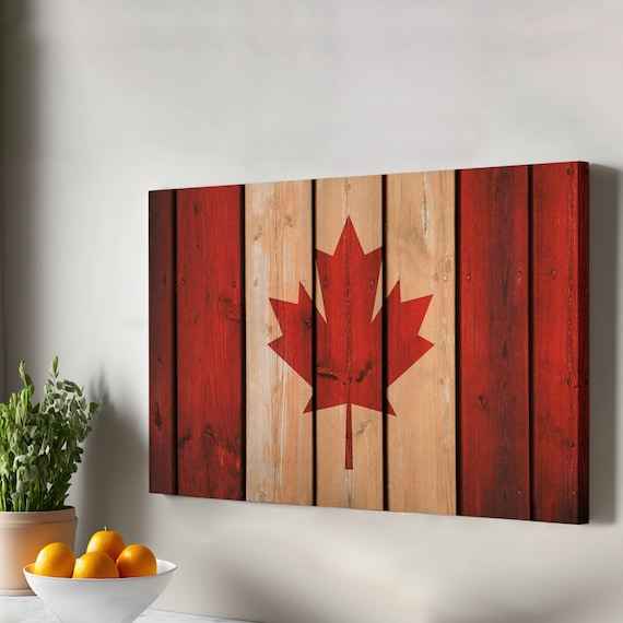 Canadian Maple Leaf Flag on Rustic Wooden Planks Patriotic Poster
