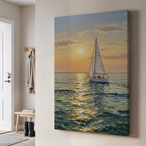 Sailboat Sunset Canvas Golden Ocean Horizon Seascape Wall Art