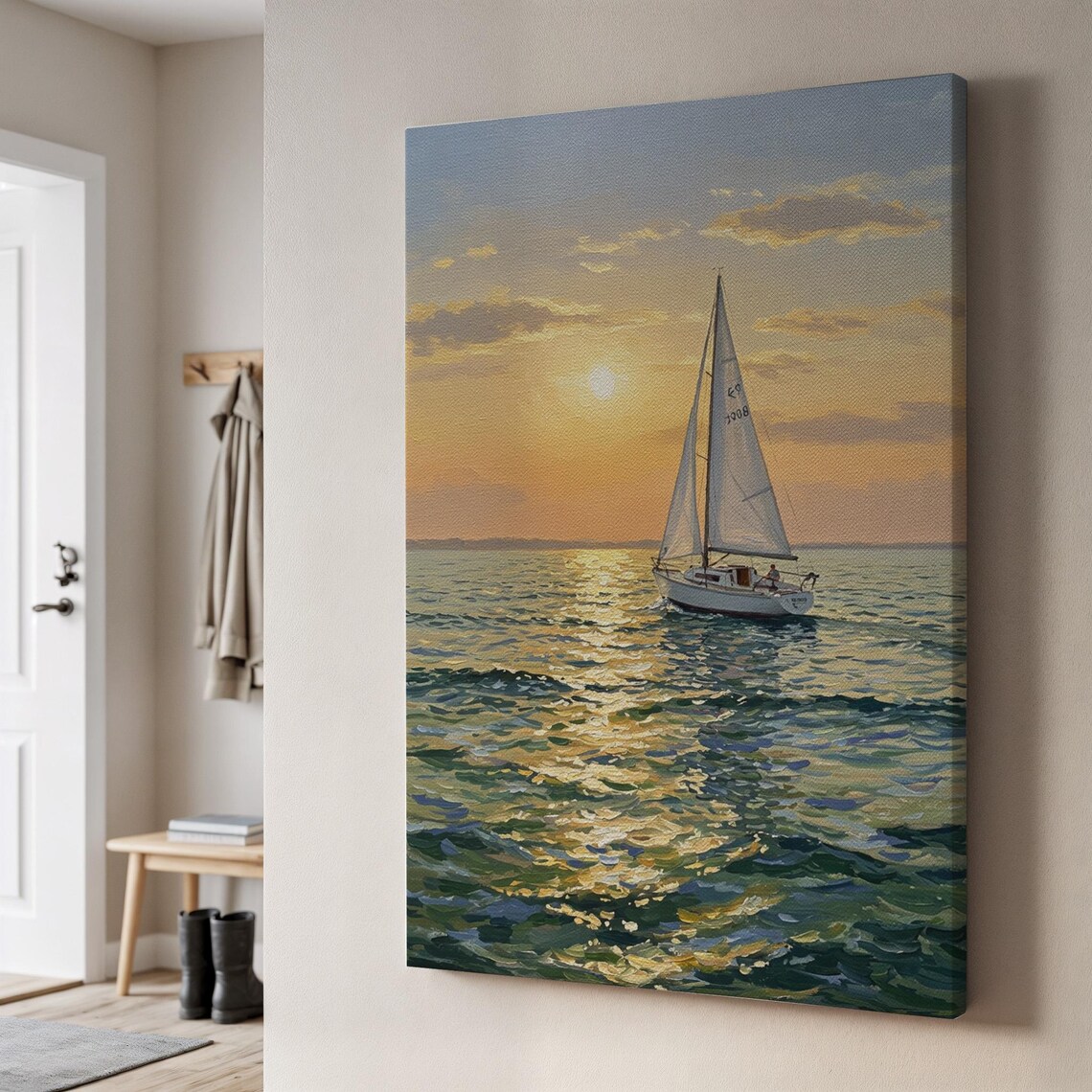 Sailboat Sunset Canvas Golden Ocean Horizon Seascape Wall Art