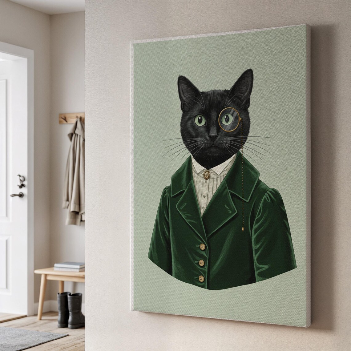 Regal Black Cat Portrait Green Velvet Coat Monocle Vintage Pet Style Wall Art