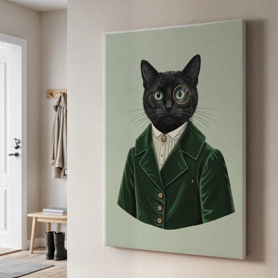 Regal Black Cat Portrait Canvas Art Vintage Pet Illustration Print Monocle Green Coat Wall Decor Quirky Framed Gift For Lovers