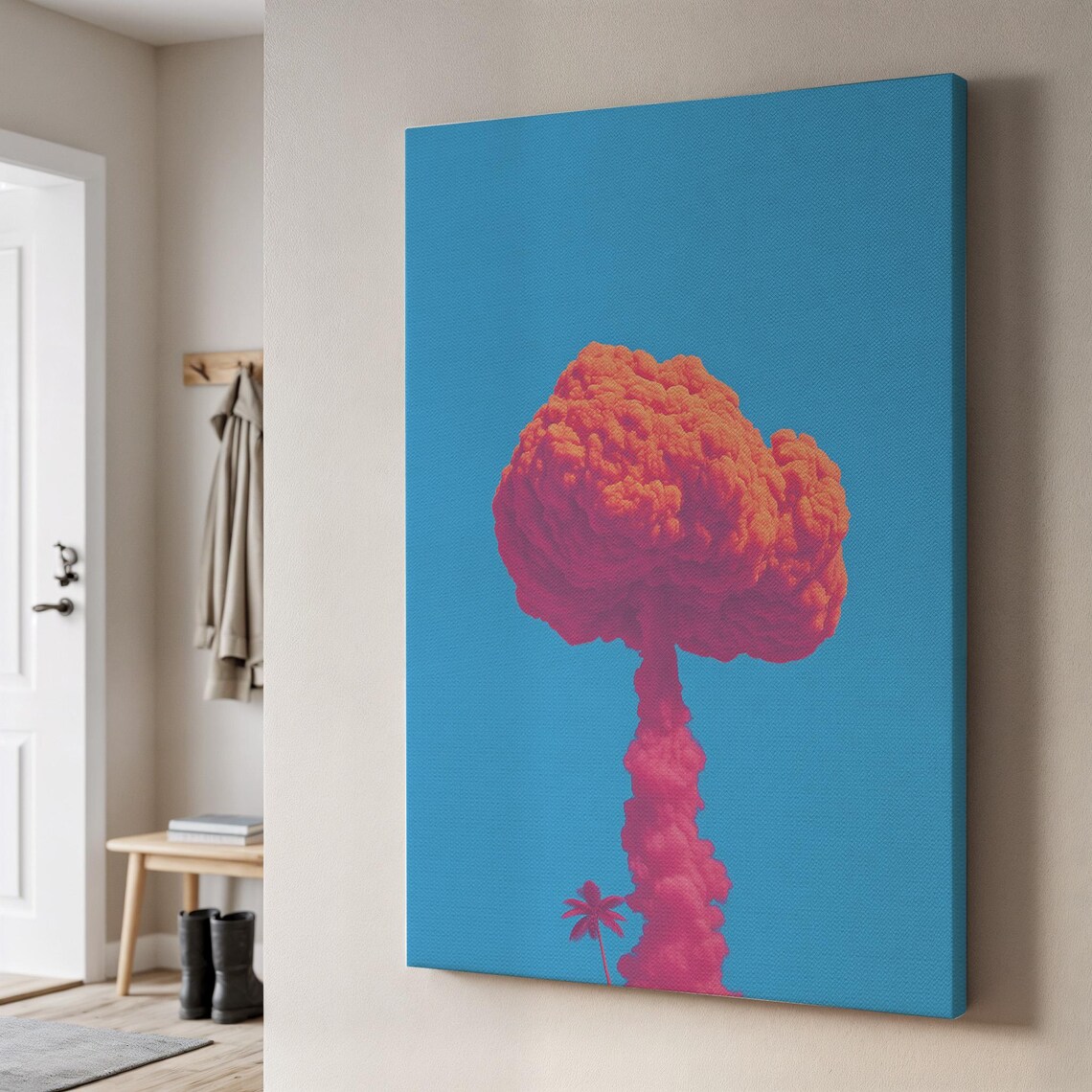 Pink Nuclear Mushroom Cloud Pop Art on Blue Sky with Palm Poster