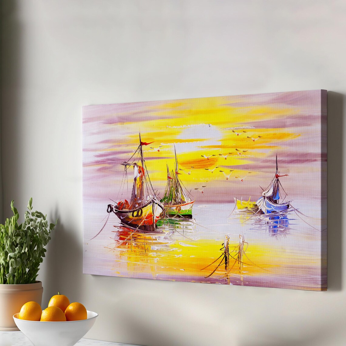 Sunset Sailboats Harbor Impressionist Oil Painting Nautical Wall Art