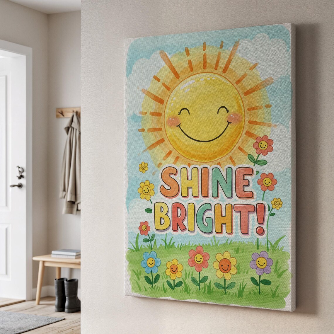 Shine Bright Happy Sun Smiling Flowers Nursery Kids Quote Poster