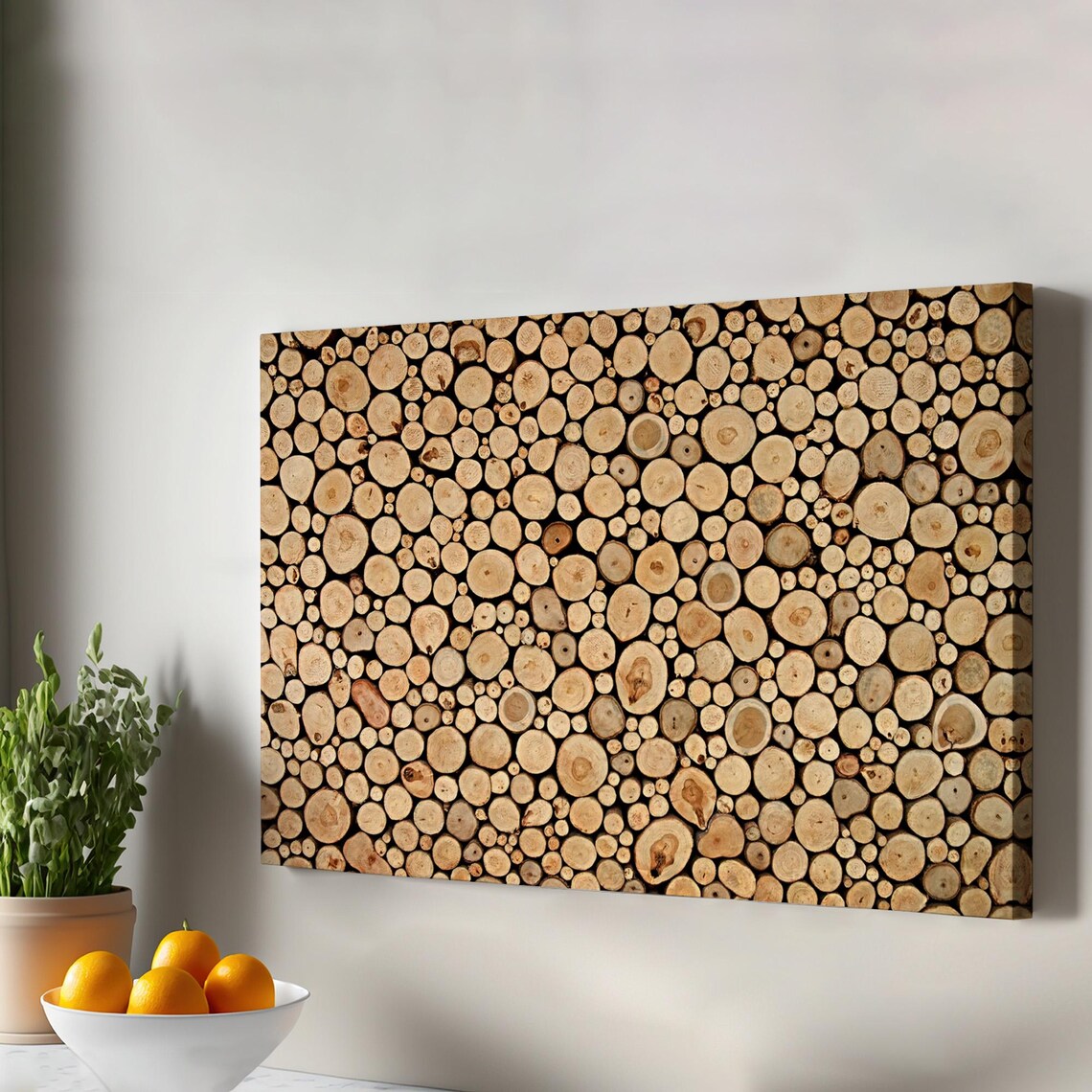 Stacked Wood Log Ends Crosscut Timber Pattern Rustic Decor Canvas Wall Art