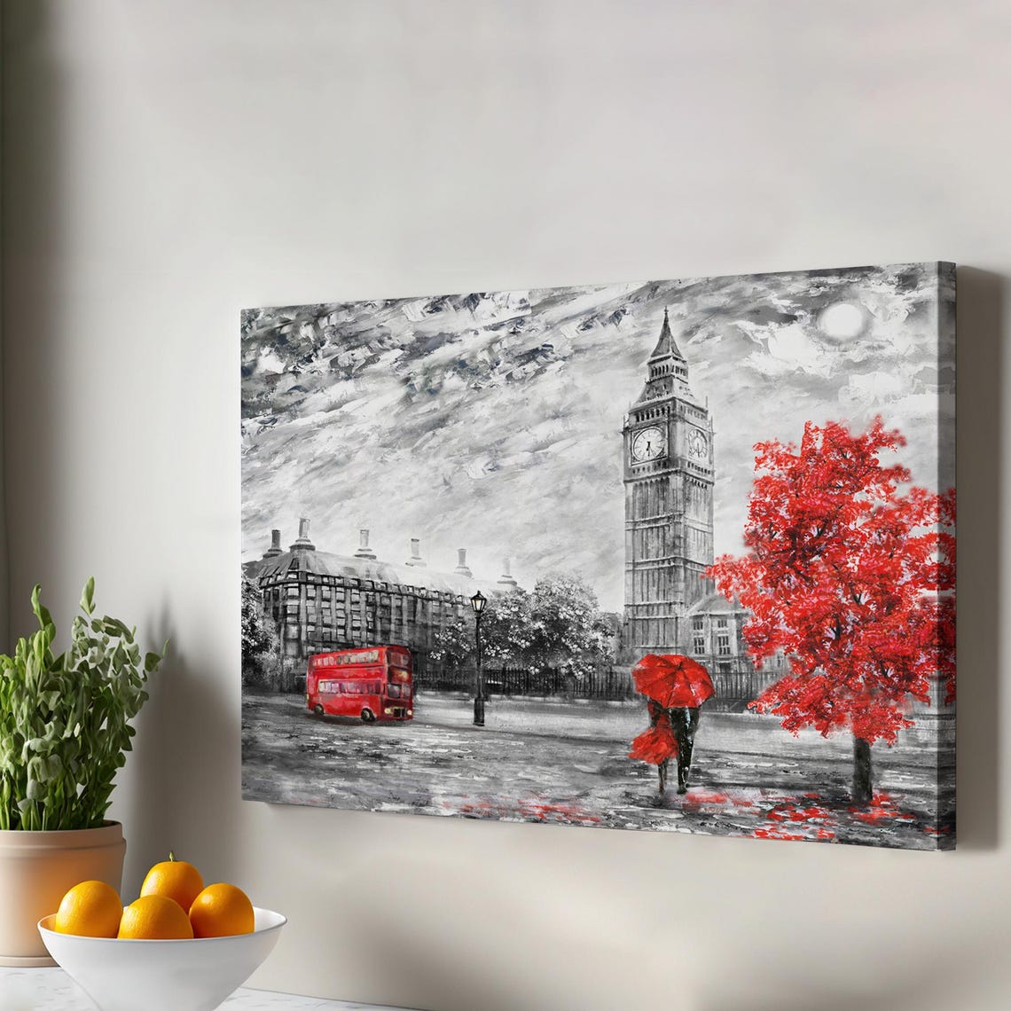 London Big Ben Black White Red Accent Rainy Street Scene Canvas Print