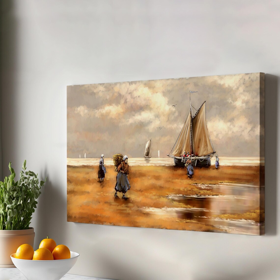 Fishermen And Sailboat On The Shore Vintage Oil Painting Seascape Poster