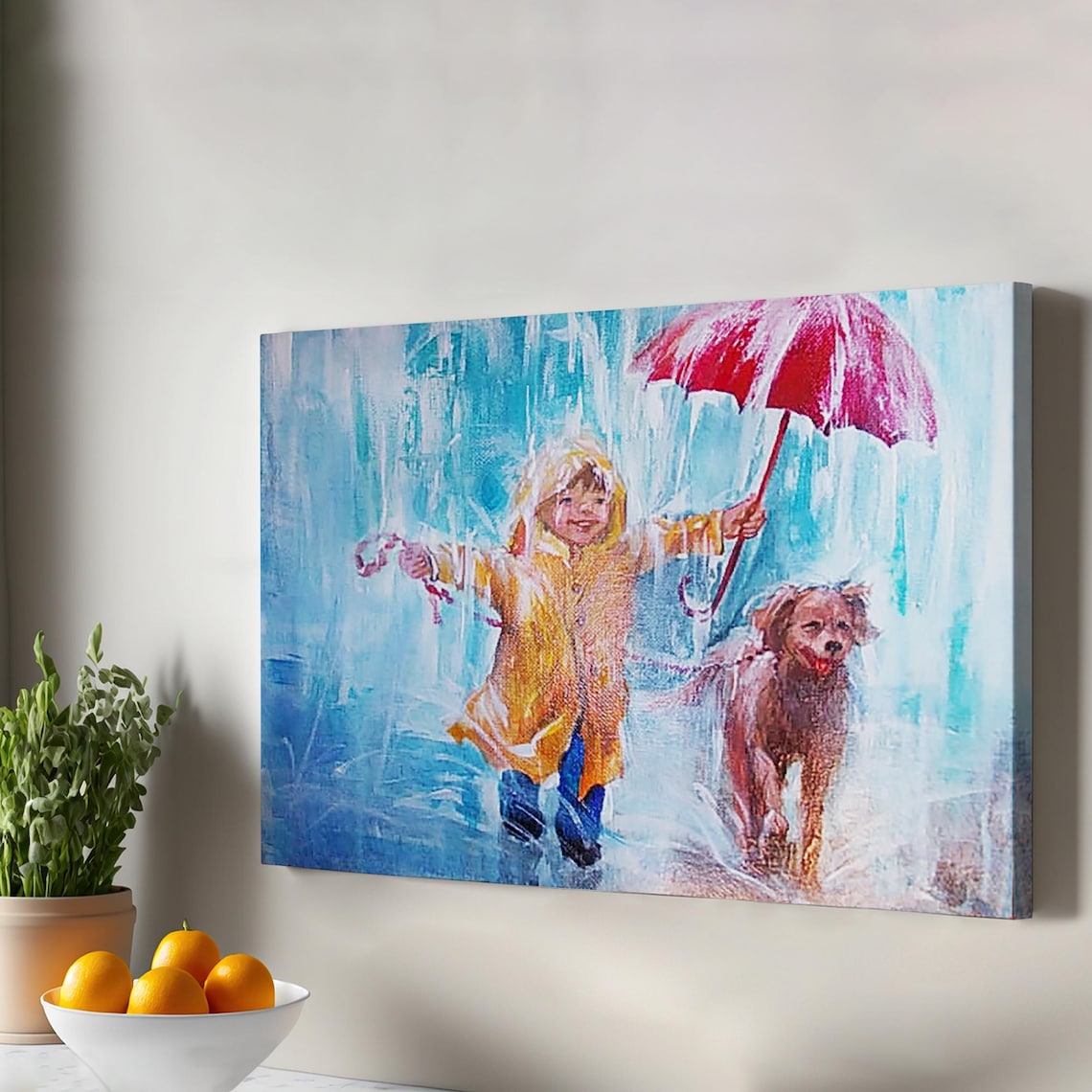 Boy Walking His Dog In Rain Red Umbrella Oil Painting Wall Art