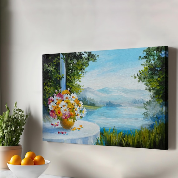 Daisy Bouquet on Lakeside Terrace Oil Painting Floral Still Life Wall Art