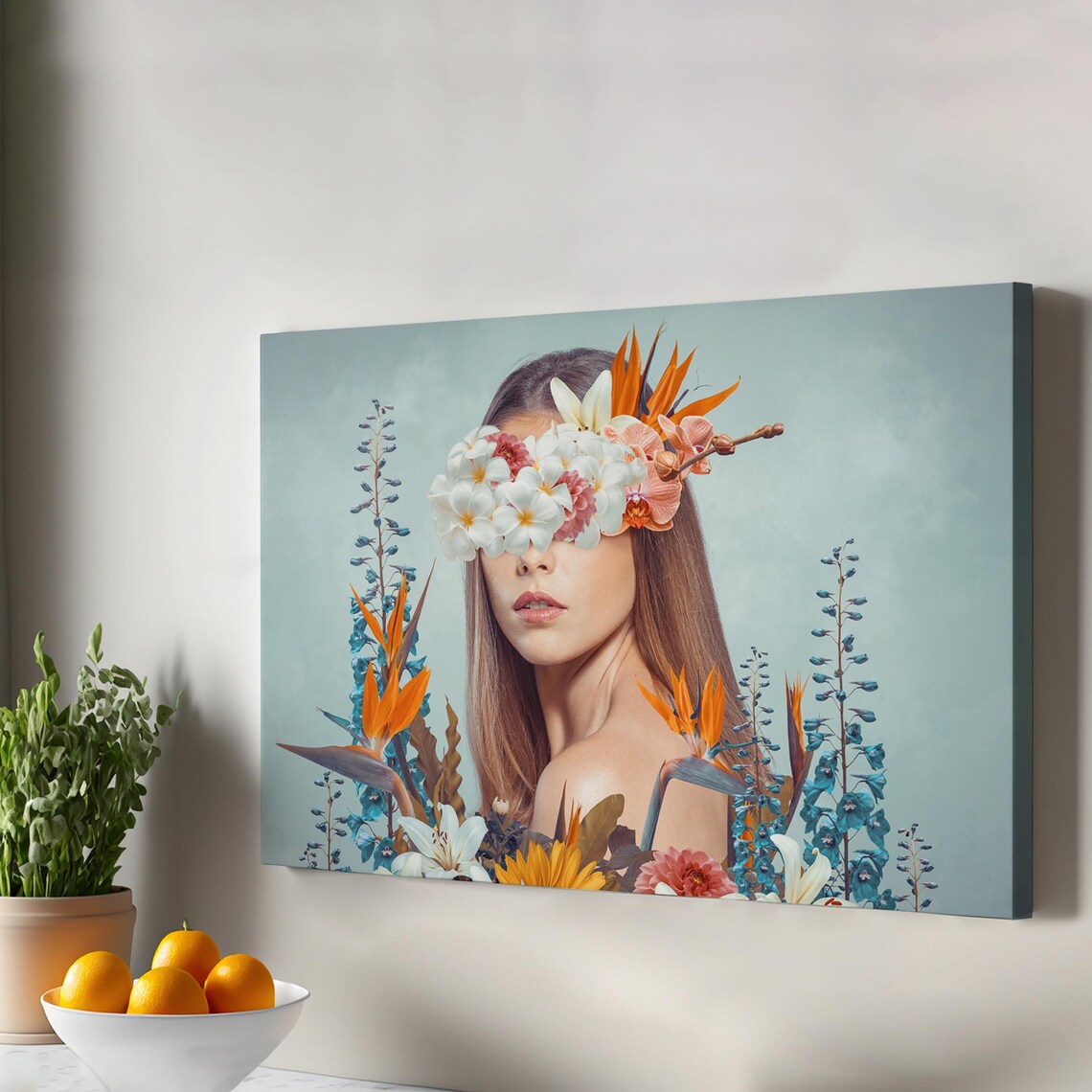 Elegant Woman Portrait Blooming Flower Mask Tropical Modern Collage Poster