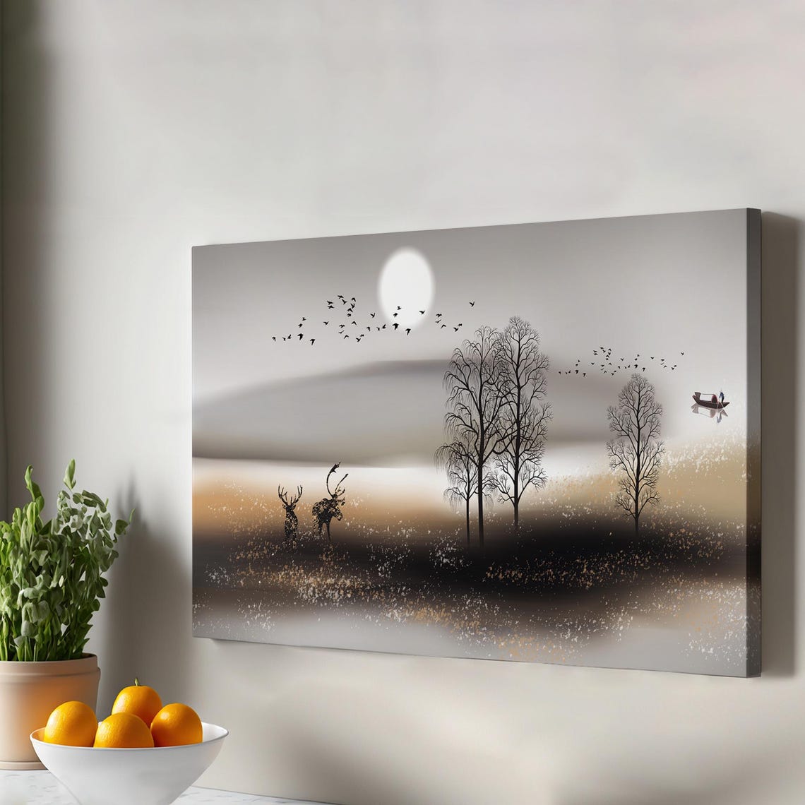 Misty Moonlit Forest Deer Minimalist Wildlife Landscape Art Poster