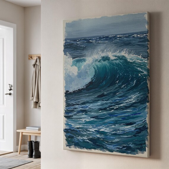 Powerful Deep Blue Ocean Wave Oil Painting Crashing Sea Canvas Wall Art